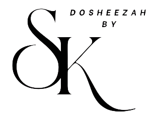 Logo with stylized initials 'SK' and text 'Dosheezah by SK' on a transparent background